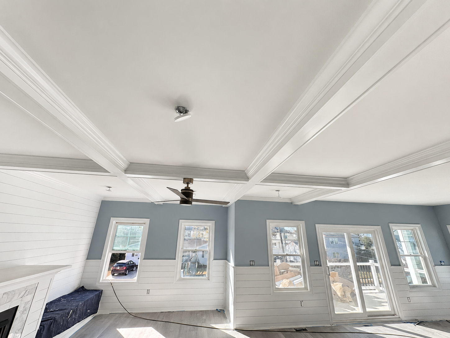 Completed room with coffered ceiling and finish carpentry