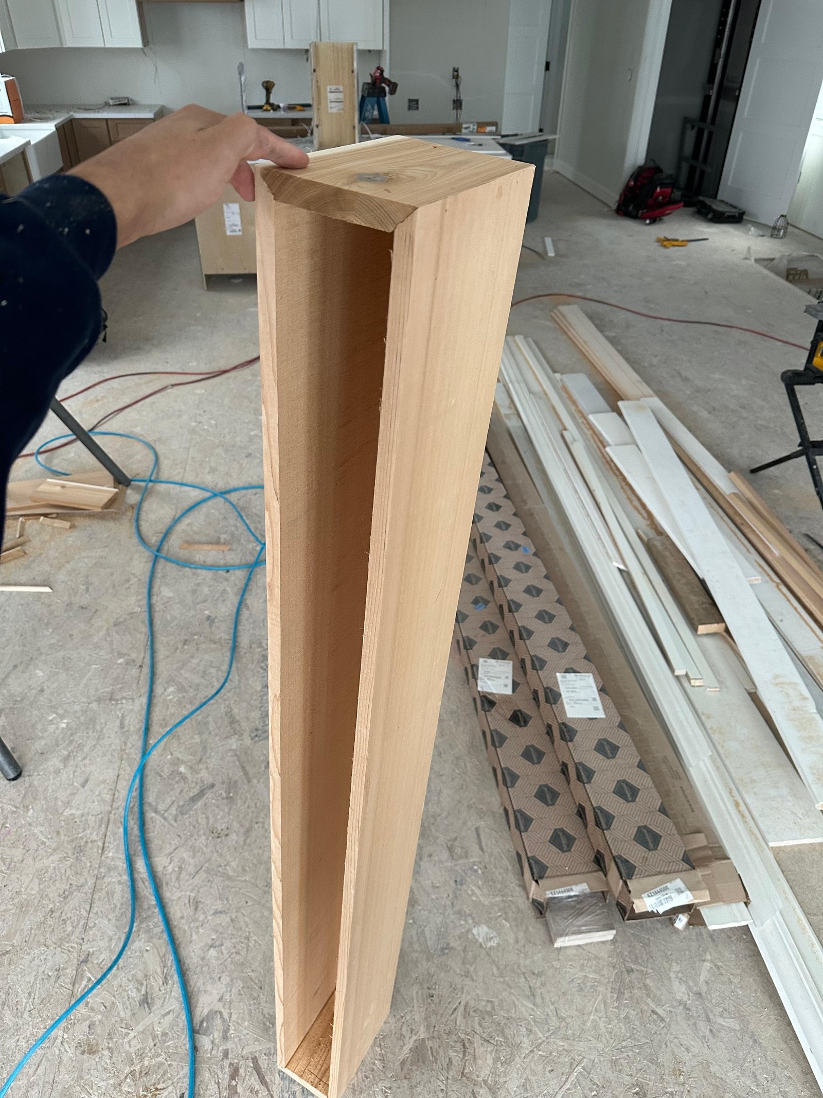 Custom wood trim piece during fabrication