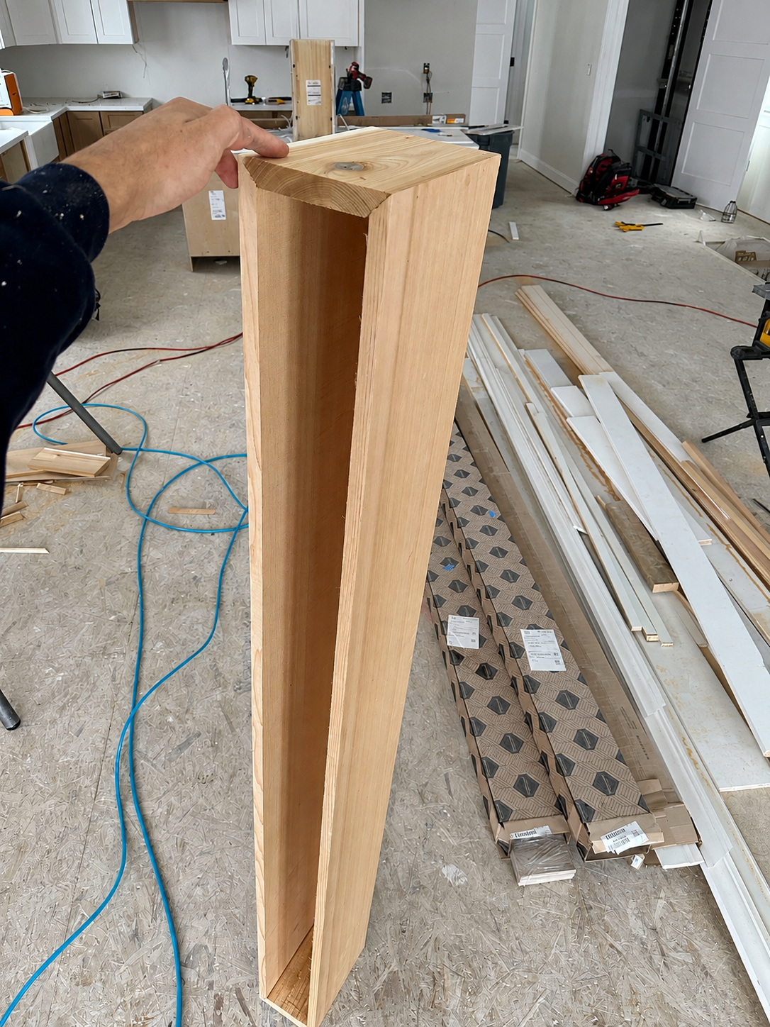 Custom wood trim piece during fabrication