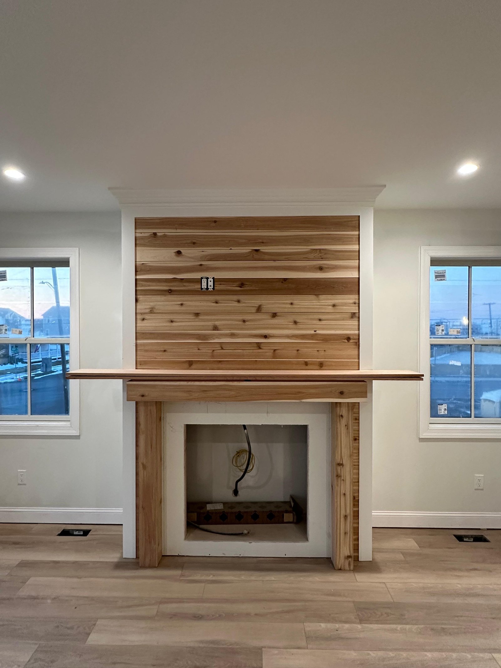 Fireplace wood feature wall during construction