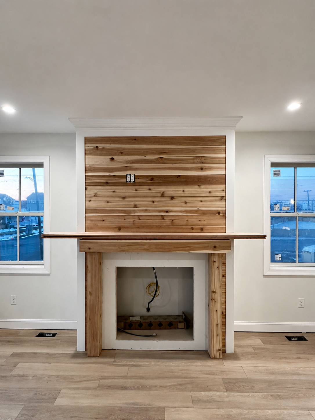 Fireplace wood feature wall during construction